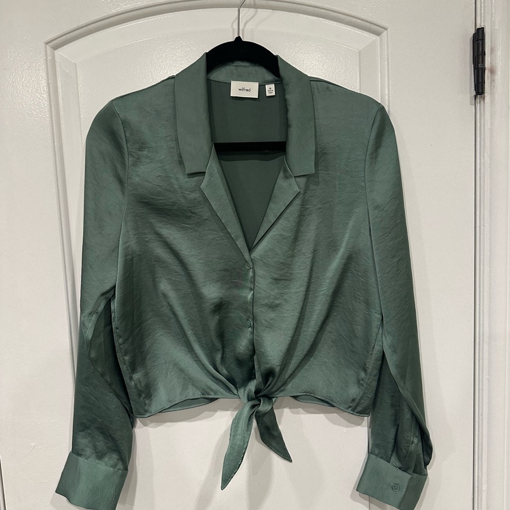 Aritzia Wilfred Green Satin Tie-Front Blouse
